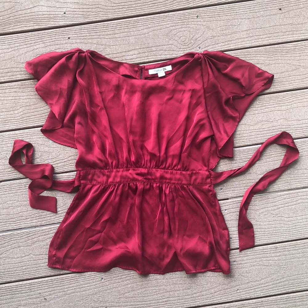 Red self tie waist blouse